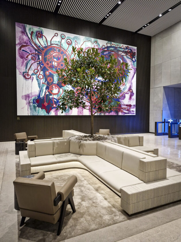 GRC water reservoir planters by Fytogren with lush Ficus trees creating a vibrant, green oasis in the outdoor plaza of Festival Tower Two.