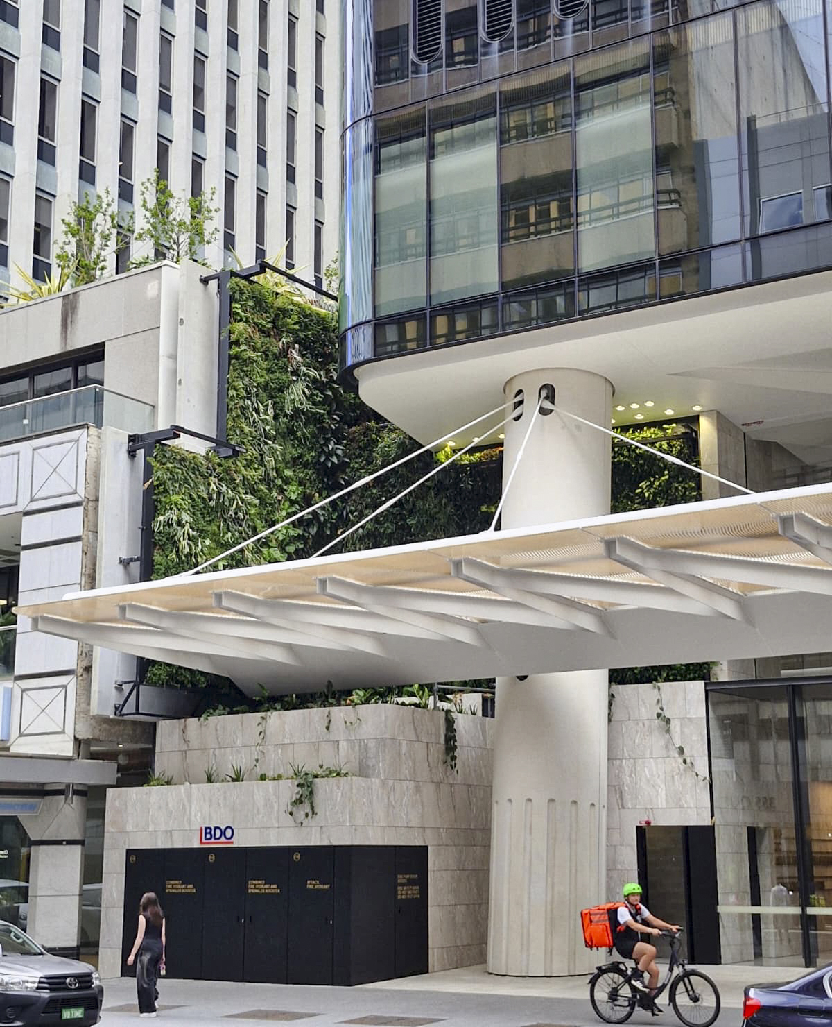 Fire‑compliant Fytofelt green walls on the façade of 360 Queen Street, showcasing elevated urban greening across a Brisbane CBD high‑rise