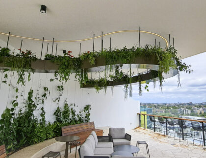 Draped greenery installed on sculptural ceiling arbor at The Lanes, showcasing Fytogreen’s lightweight systems softening architectural curves.