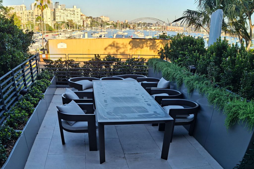 Green wall and planter box installation at a private Darling Point residence overlooking Sydney Harbour. Designed, installed and maintained by Fytogreen Australia.