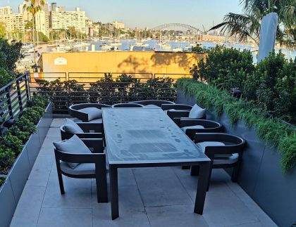 Green wall and planter box installation at a private Darling Point residence overlooking Sydney Harbour. Designed, installed and maintained by Fytogreen Australia.